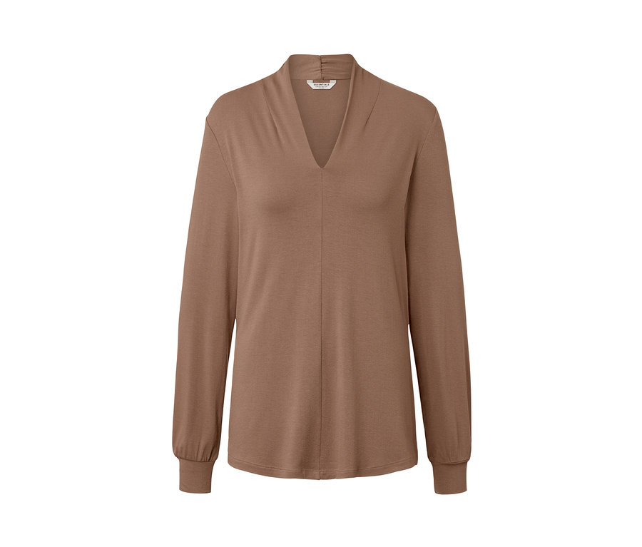 Beiges Langarmshirt mit V-Ausschnitt.