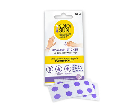 Packung mit 16 UV-Warnstickern von Safer Sun mit Abbildungen von Händen mit lila Aufklebern.