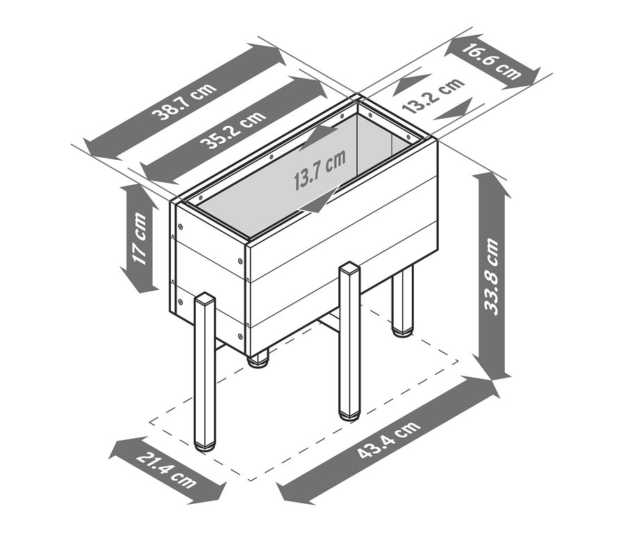 Eine Skizze von 3 Blumenkästen mit Gestell und den Maßen.