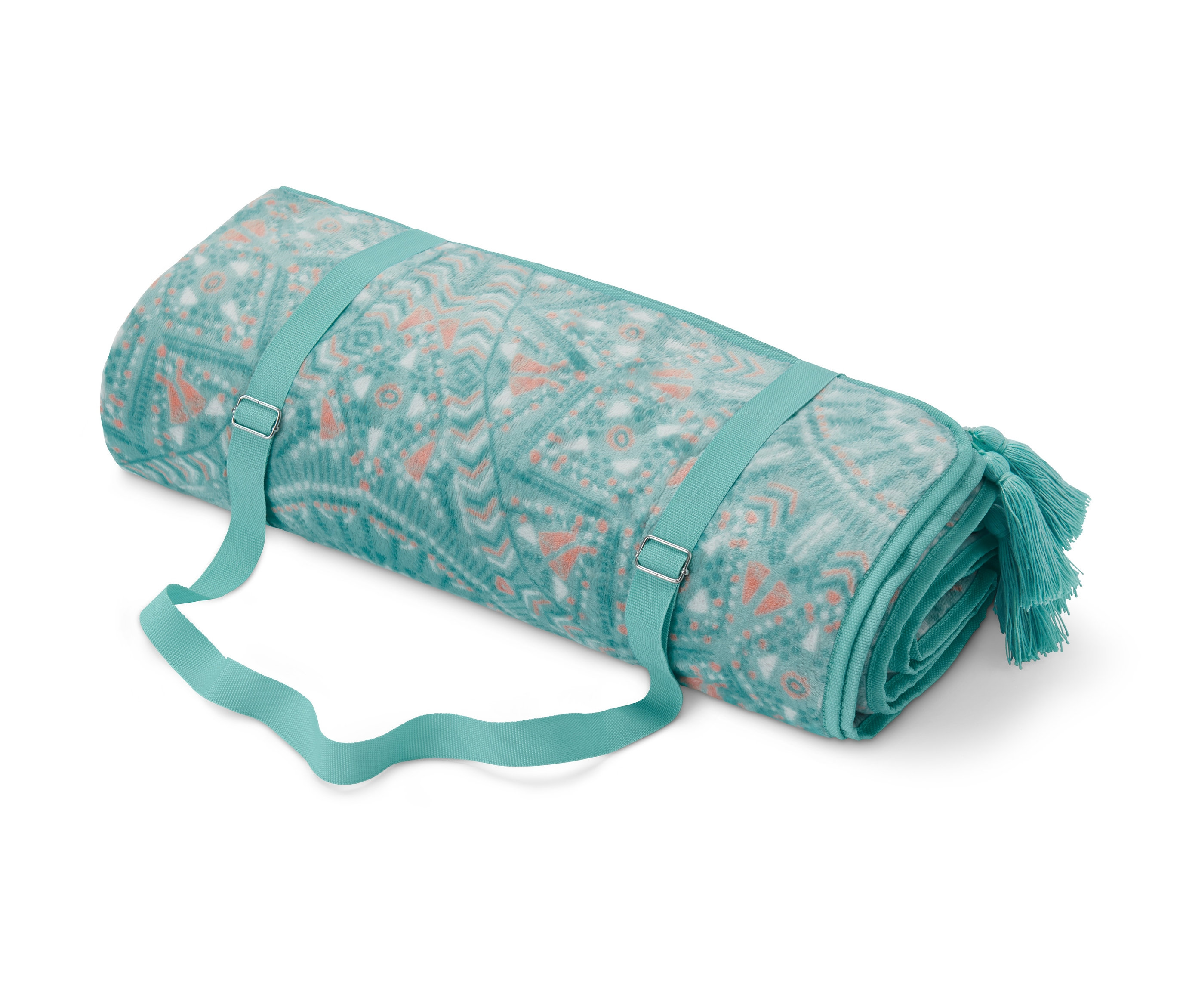Eine zusammengerollte XL-Picknickdecke mit blaugrünem und orangefarbenem geometrischem Muster und Riemen.