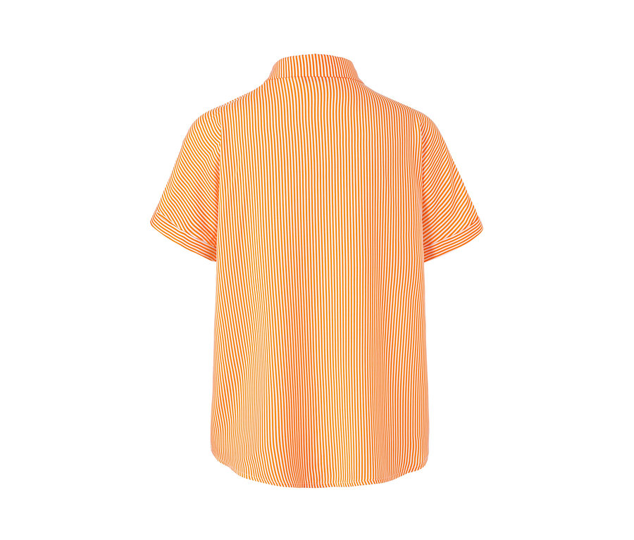 Rückansicht einer orangefarbenen Hemdbluse mit weißen Streifen.