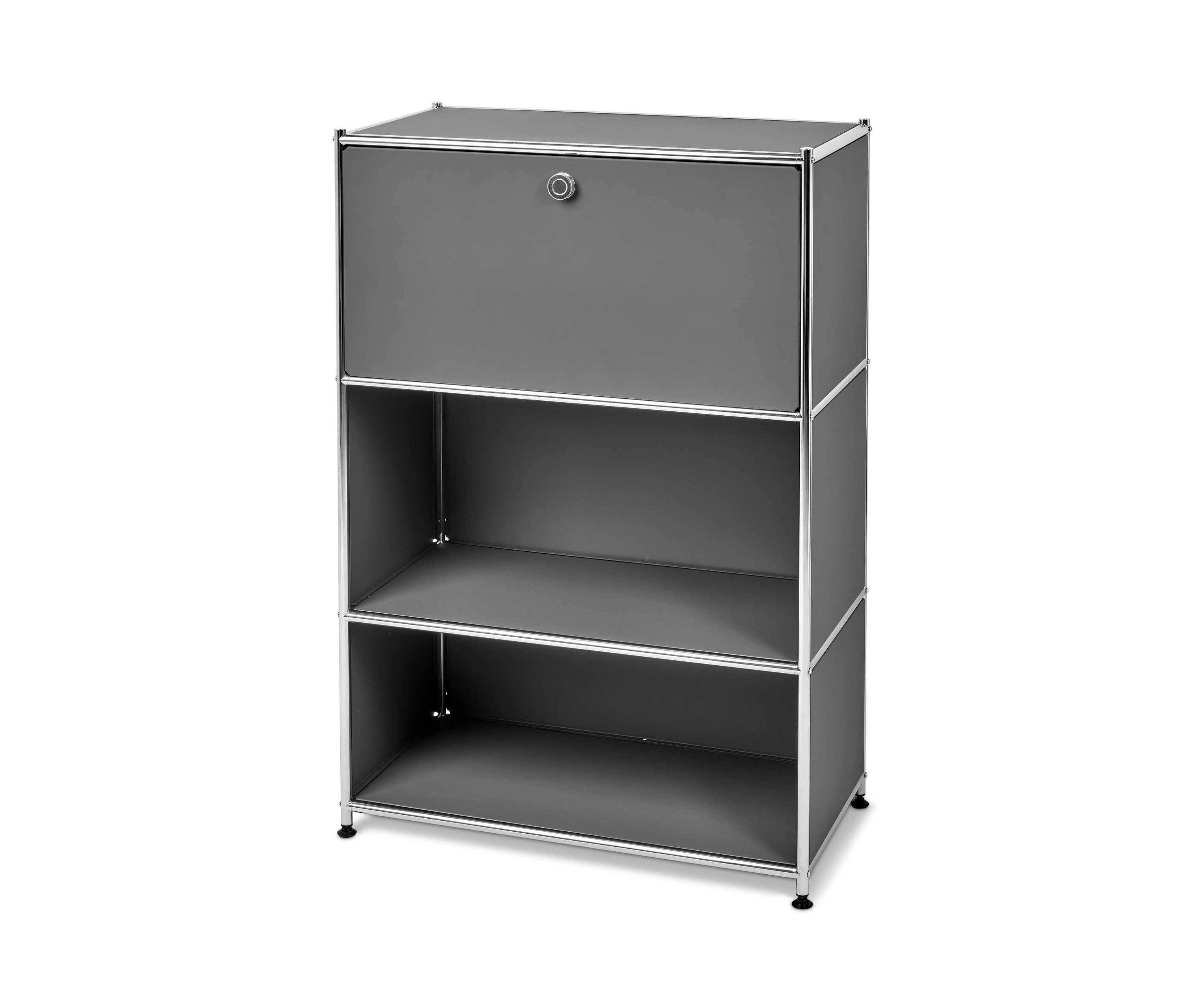 Ein grauer Metall Sekretär »CN3« mit ausklappbarem Tisch und zwei offenen Regalen.