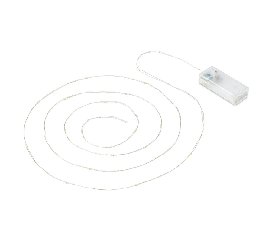 Eine aufgerollte LED-Micro-Lichterkette »Tropfen« mit einem Batteriekasten.