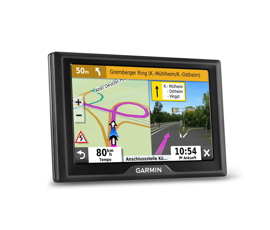 Schwarzes GARMIN Navigationsgerät Drive 52 EU MT zeigt eine Karte mit markierter Route und einer Geschwindigkeit von 80 km/h.