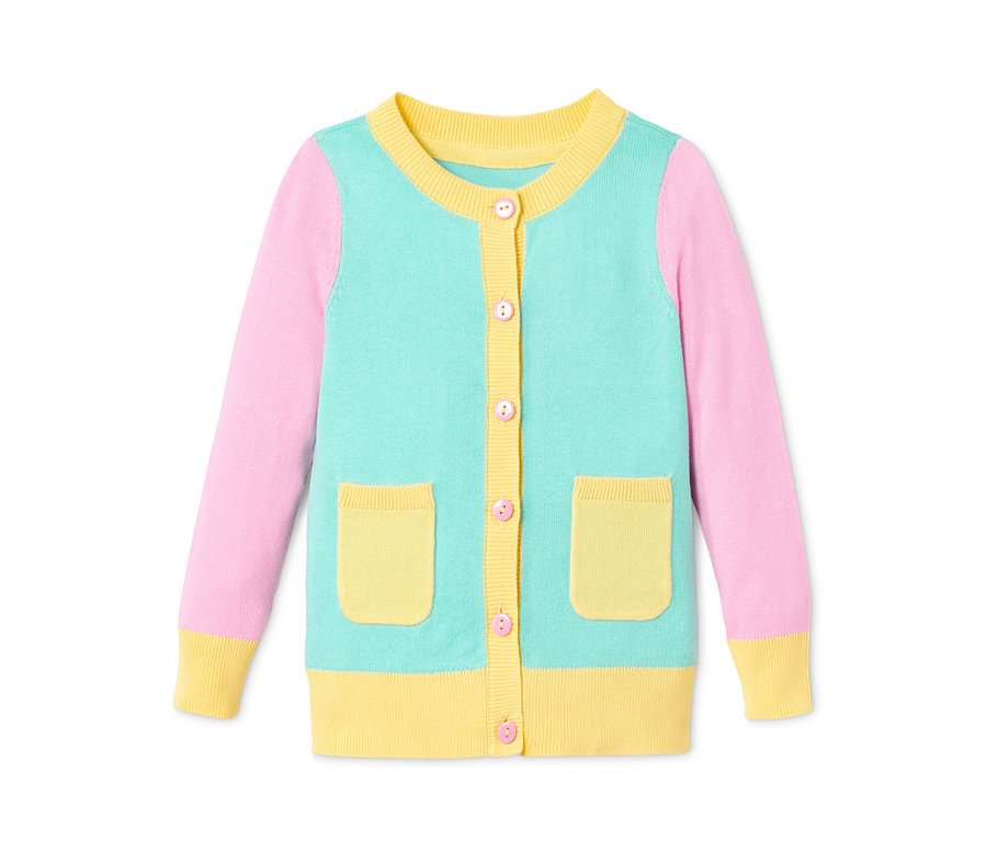 Hellblaue, rosa und gelbe Strickjacke mit Bio-Baumwolle.