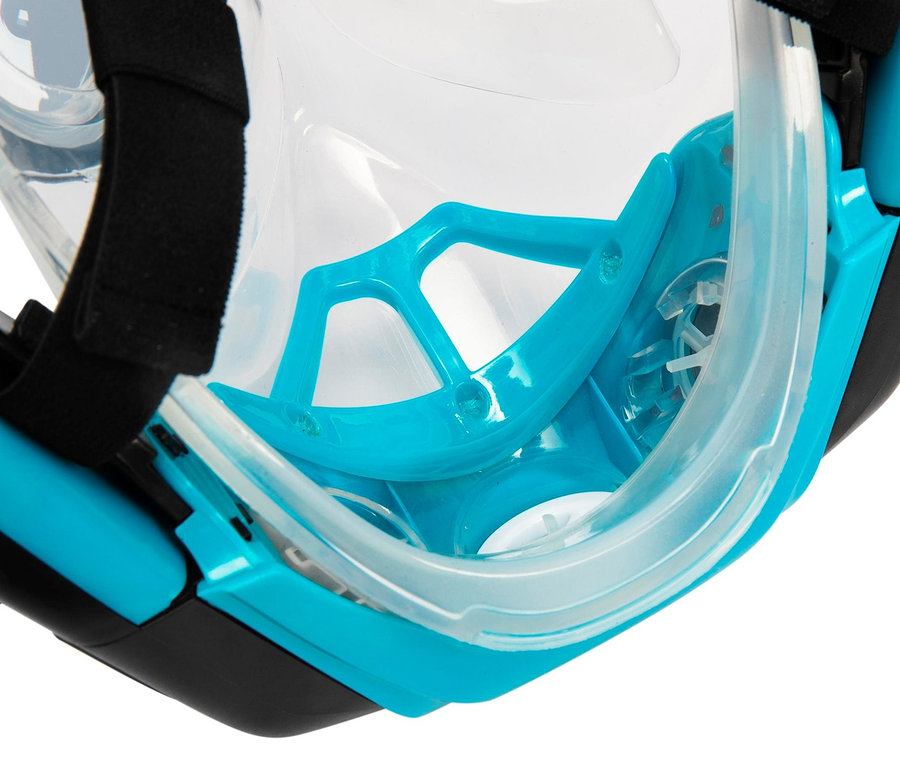 Detailaufnahme der Bestway® Hydro-Pro™ Schnorchelmaske »Flowtech« mit schwarzen Riemen und türkisfarbenem Rahmen.