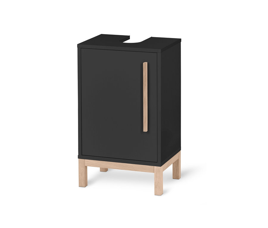 Kleiner, anthrazitfarbener Waschbeckenunterschrank Eklund mit einer Tür und Holzgriff.