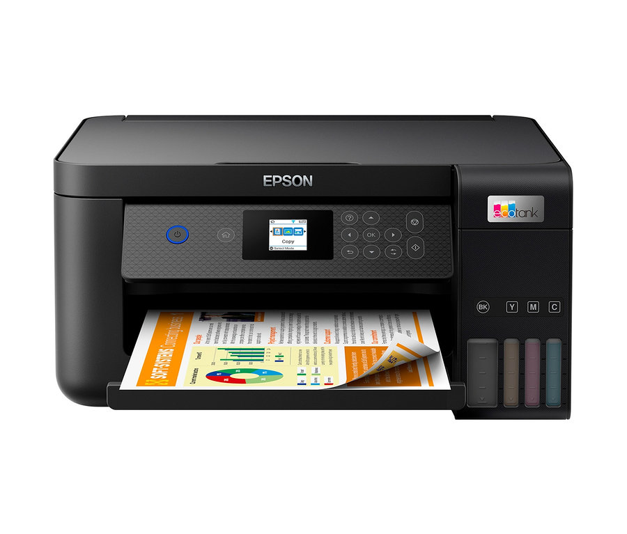 Schwarzer Epson Multifunktionsdrucker EcoTank ET-2850 mit Papier.