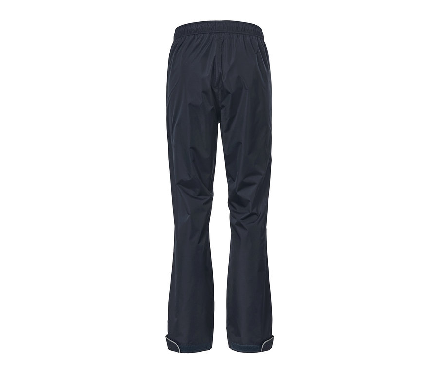 Dunkelblaue Unisex-Regenhose von hinten.