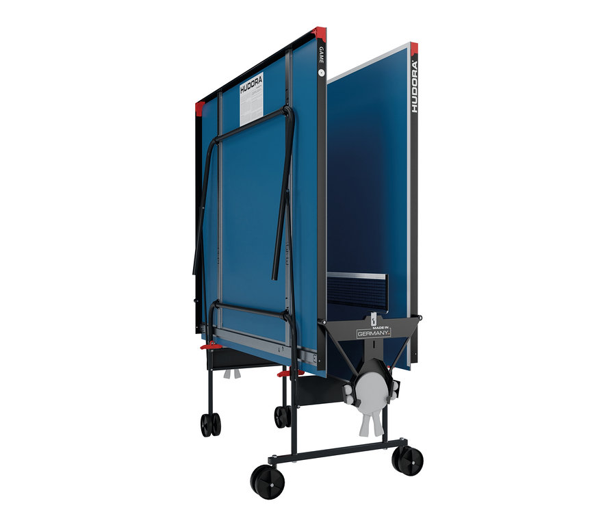 Blauer HUDORA Tischtennisplatte »Game« Tischtennistisch in zusammengeklapptem Zustand.