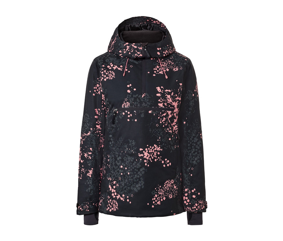 Eine schwarze Halfzip-Skijacke mit rosa Blütenmuster.