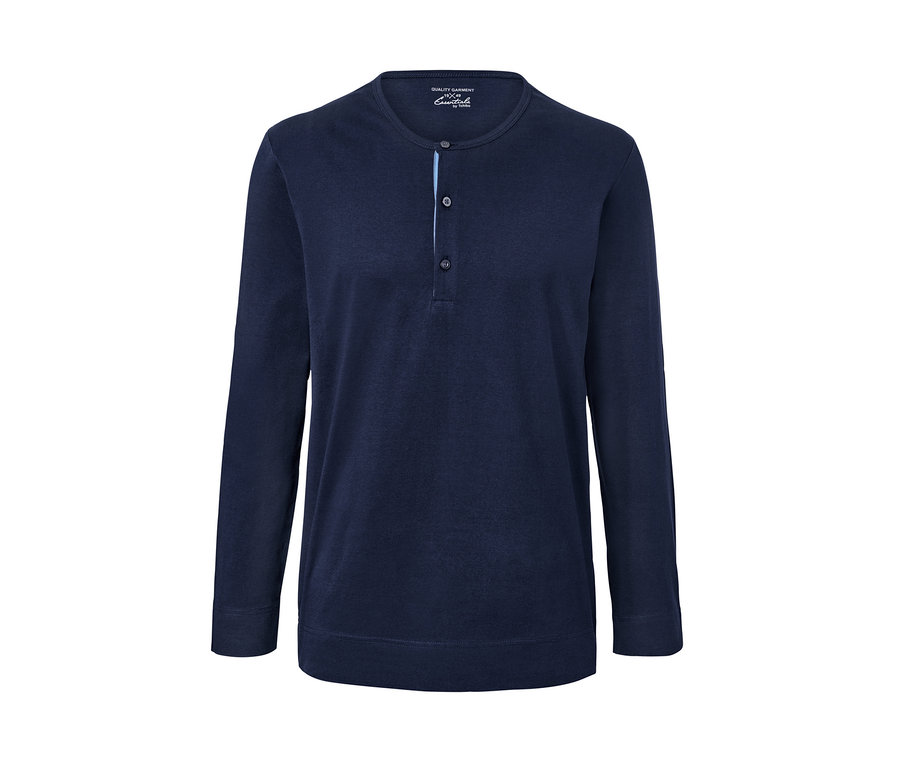 Marineblauer Pyjama mit gewebter Hose, langen Ärmeln und Knöpfen.