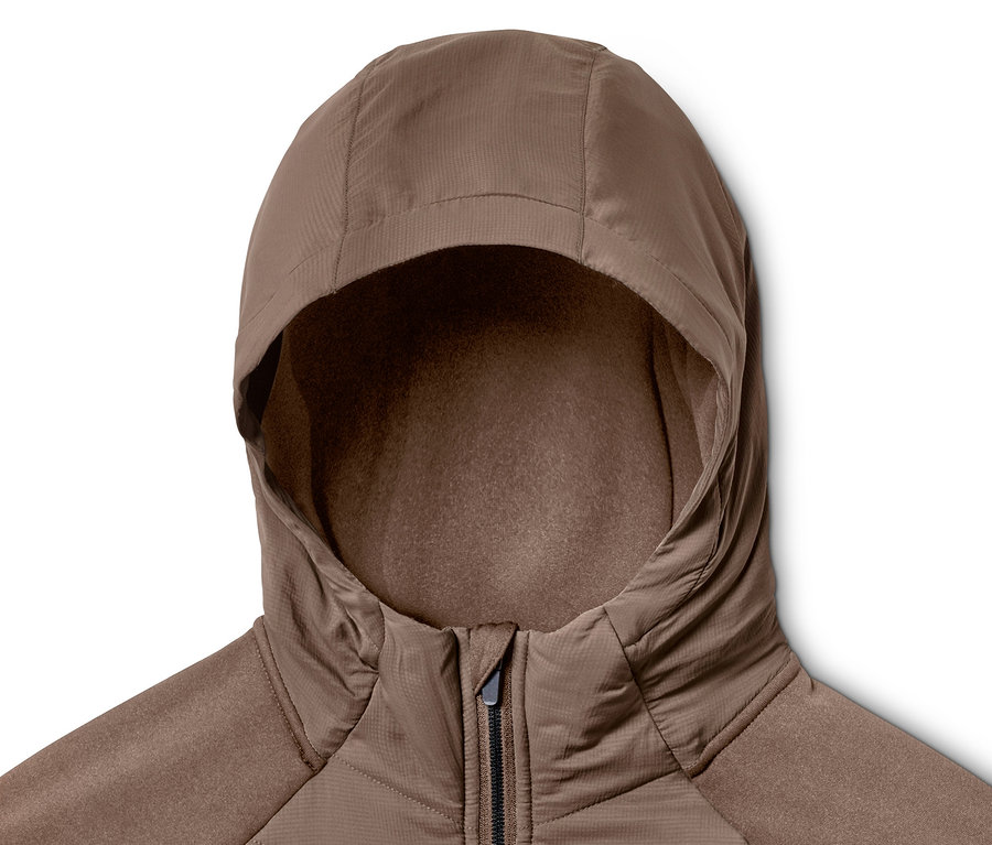 Braune Thermojacke mit Kapuze und Reißverschluss.