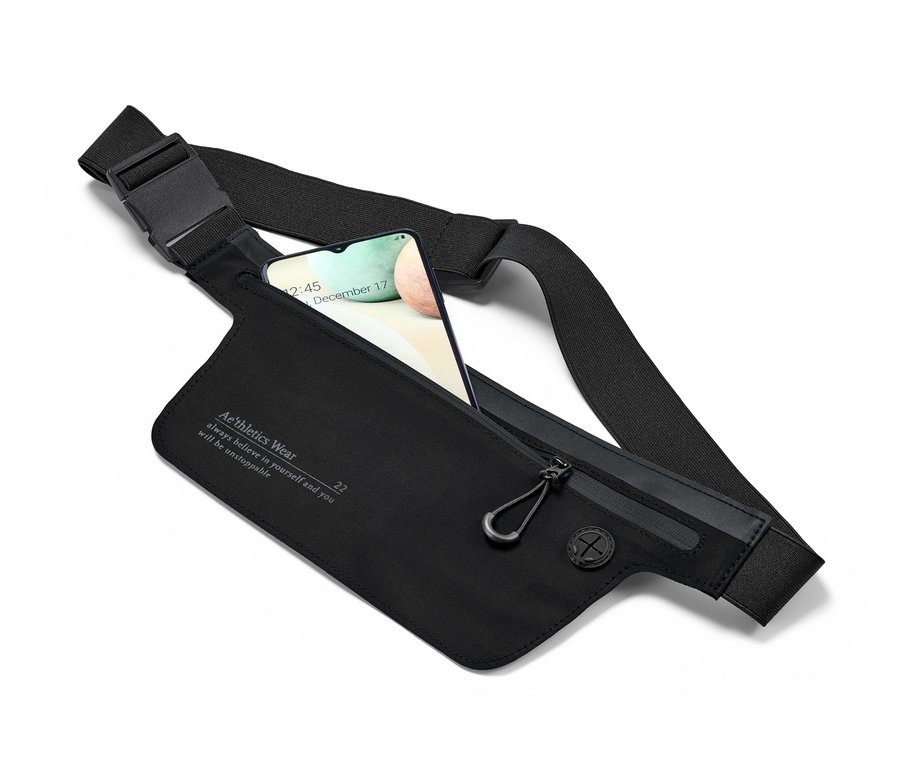 Schwarzer Laufgürtel für Smartphones mit Handy darin.