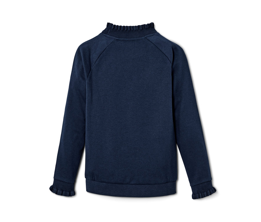 Marineblaues Kinder-Sweatshirt mit dekorativer Rüsche am Hals und an den Ärmelbündchen.