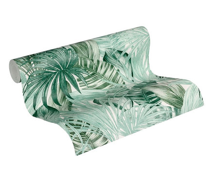 Rolle der AS-Creation-Vliestapete »Greenery« mit einem Muster aus grünen Blättern.