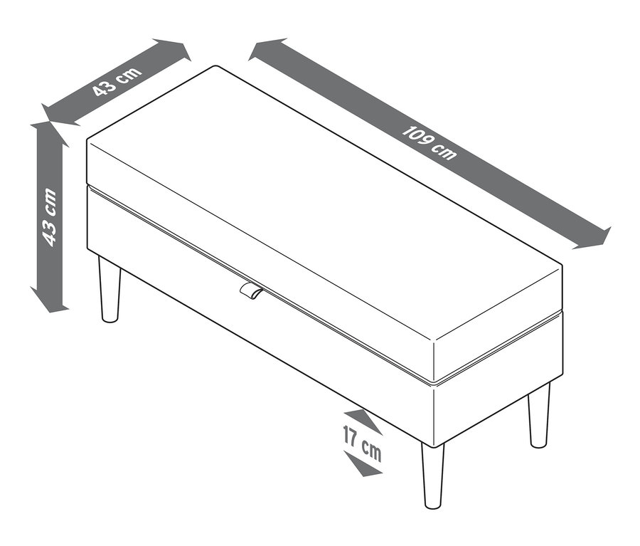 Illustration einer Polsterbank mit Stauraum und Abmessungen.