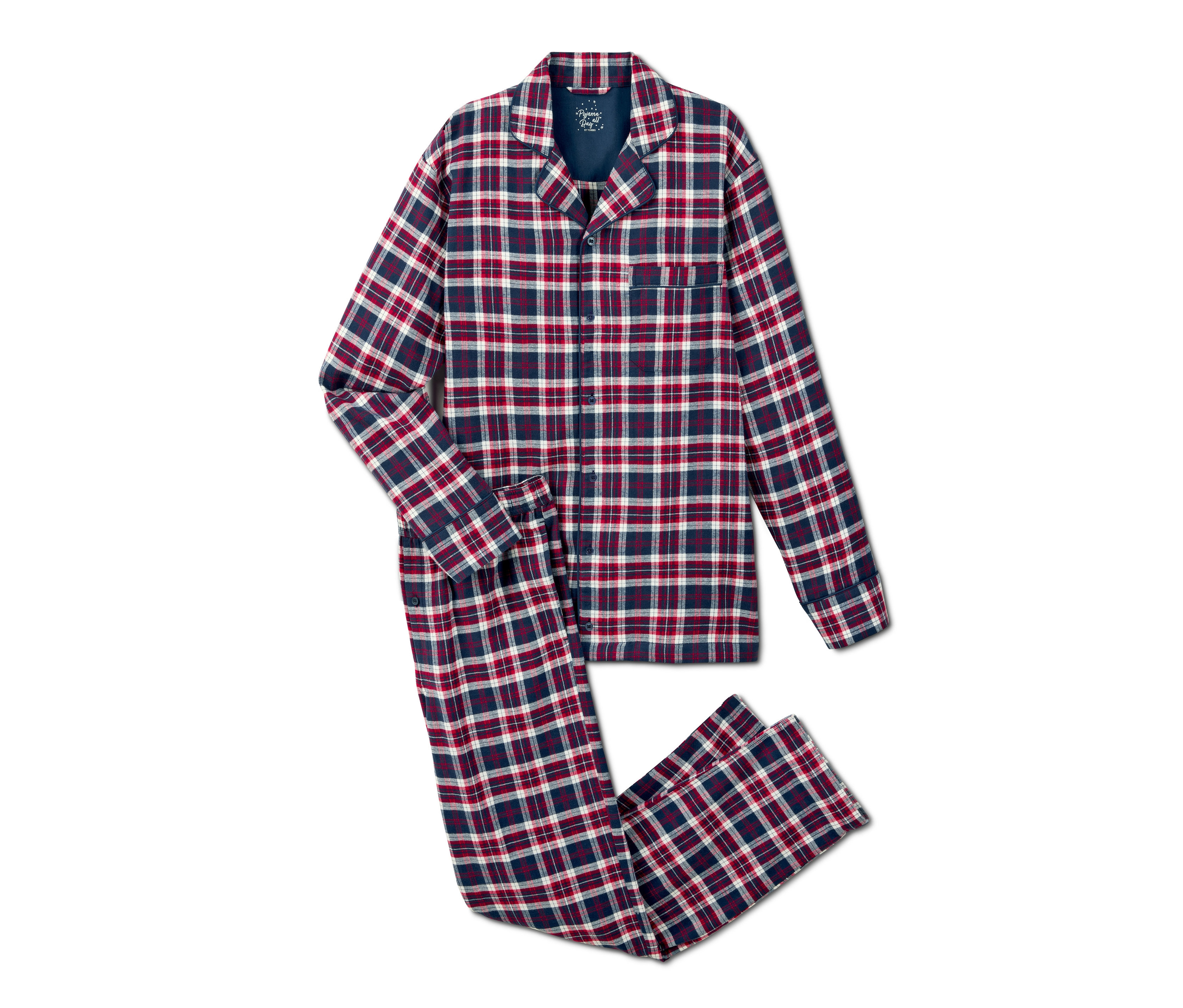 Ein rot, weiß und dunkelblau karierter Flanell-Pyjama.