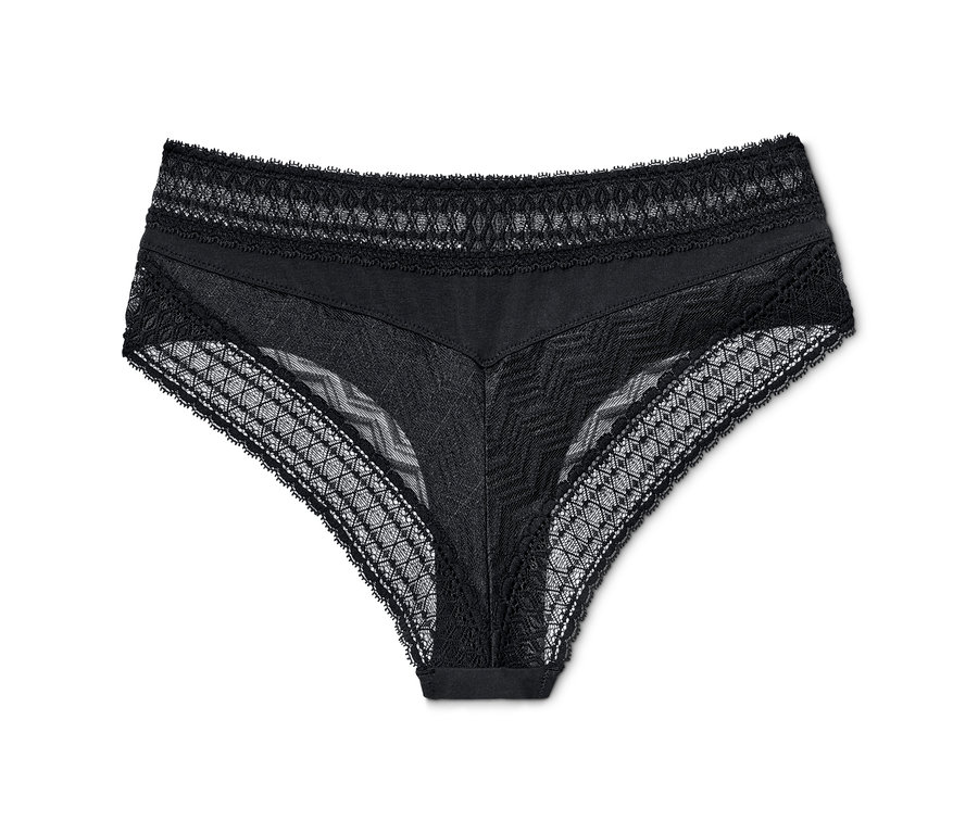 Ein schwarzer Brazilslip mit Spitze.