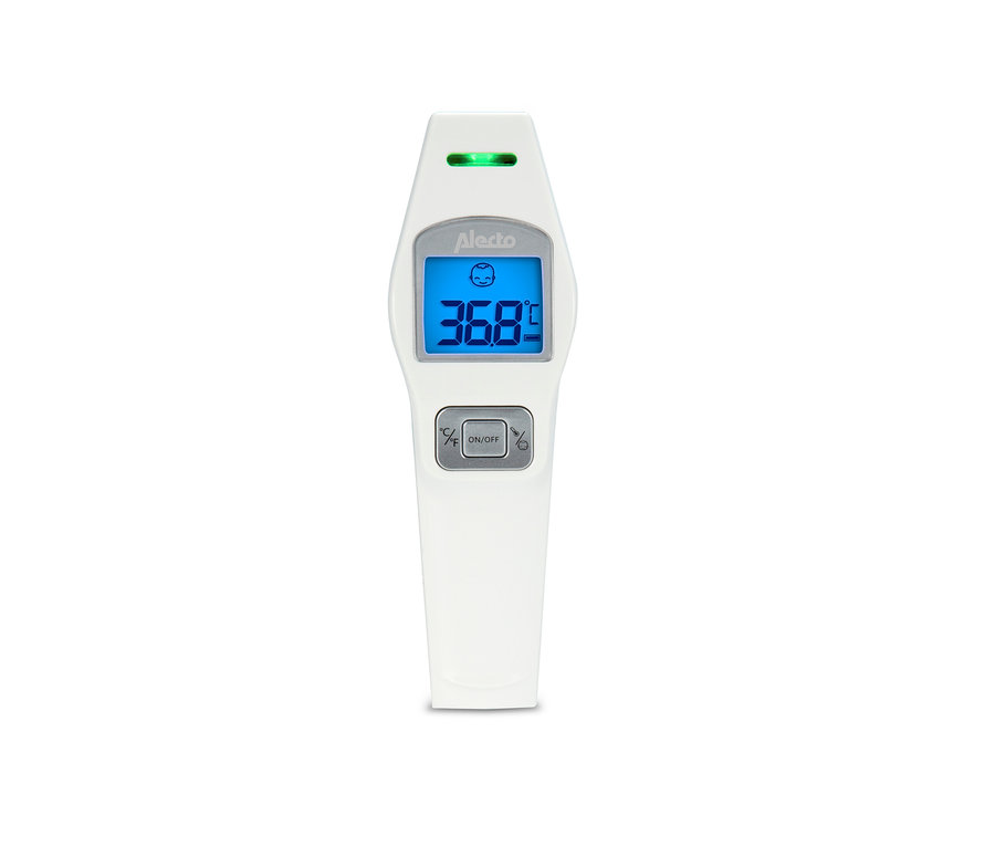 Nahaufnahme eines weißen Alecto BC-37 Infrarot-Stirnthermometers, dessen Display 36,8 Grad Celsius anzeigt.