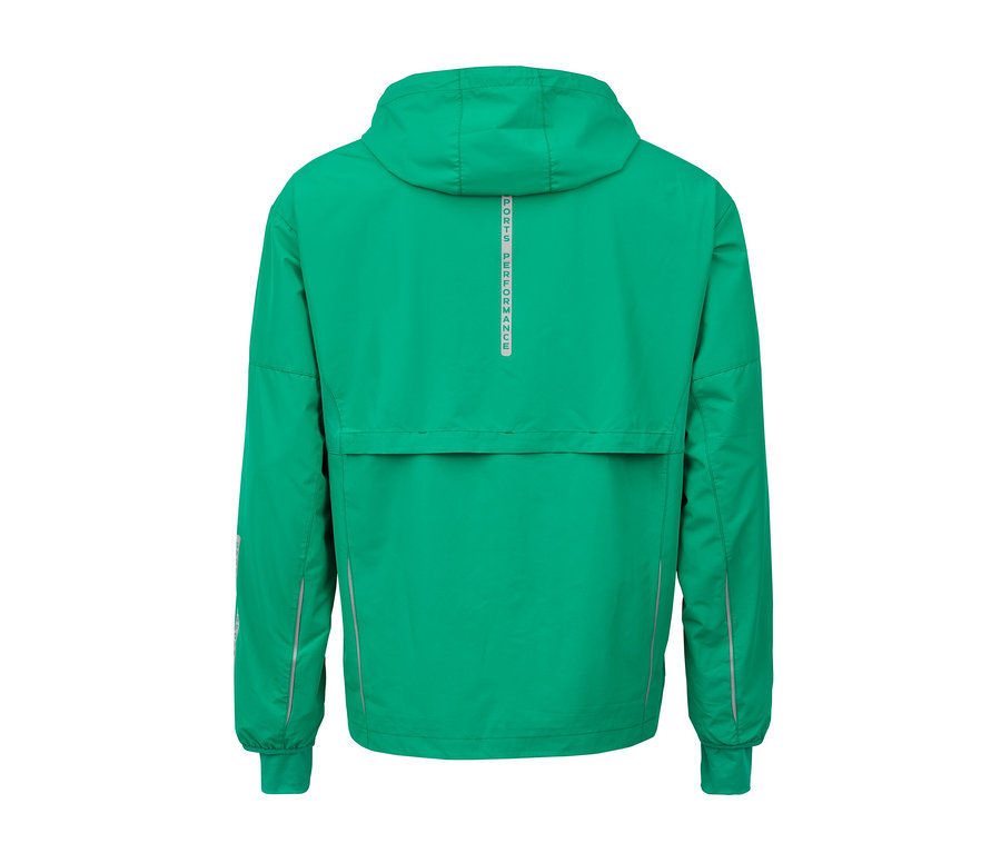 Rückansicht einer grünen Windprotection-Funktionsjacke.