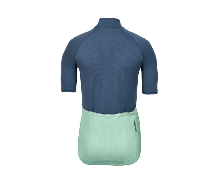 Rückansicht eines blau-mintfarbenen Fahrrad-Trikots.