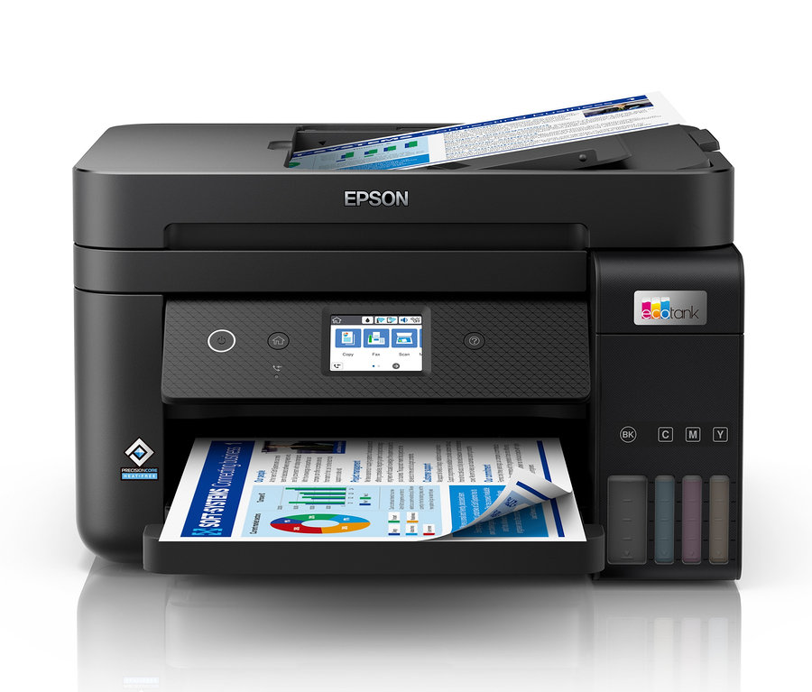 Schwarzer Epson Multifunktionsdrucker »EcoTank ET-4850« mit Papier im Einzug und Ausgabefach.