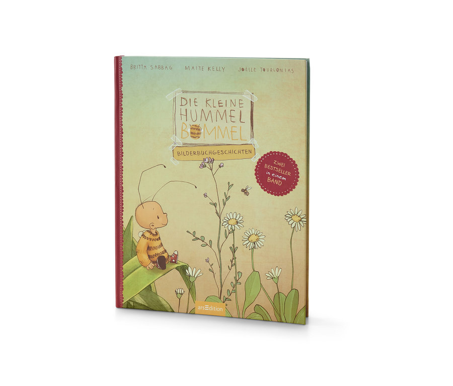 Illustration des Buches »Die kleine Hummel Bommel – Bilderbuchgeschichten« zeigt eine auf einem Blatt sitzende Hummel, umgeben von Blumen.