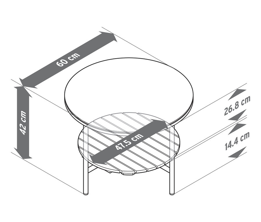 Diagramm eines runden Couchtisches »Elin« mit den Abmessungen 60 cm x 42 cm und 47,5 cm.