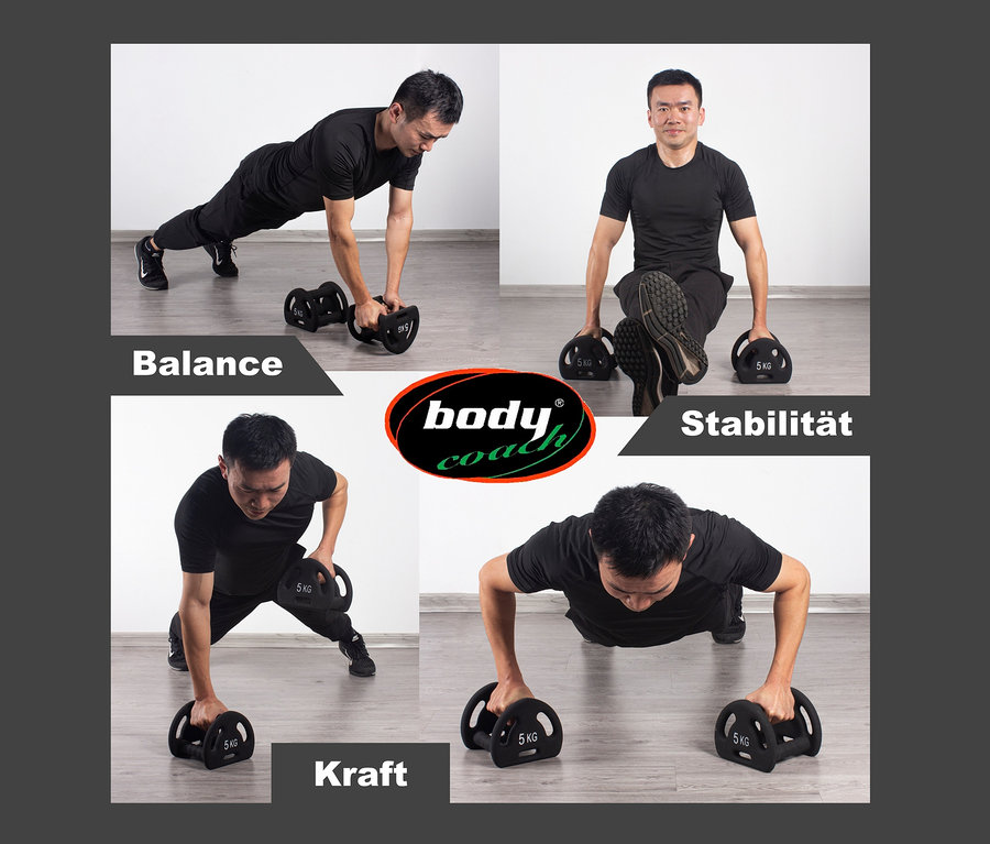 Collage eines Mannes, der mit Body Coach Multifunktions-Neoprenhanteln mit 5 kg, 10 kg und 12,5 kg trainiert.