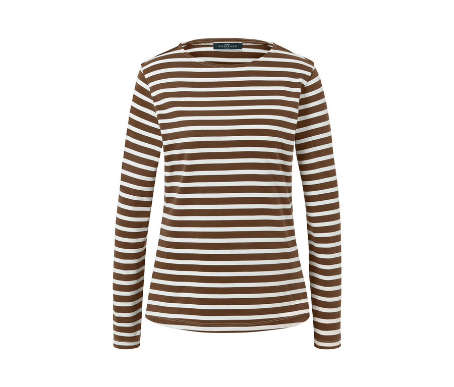 Gestreiftes, braunes Langarmshirt.