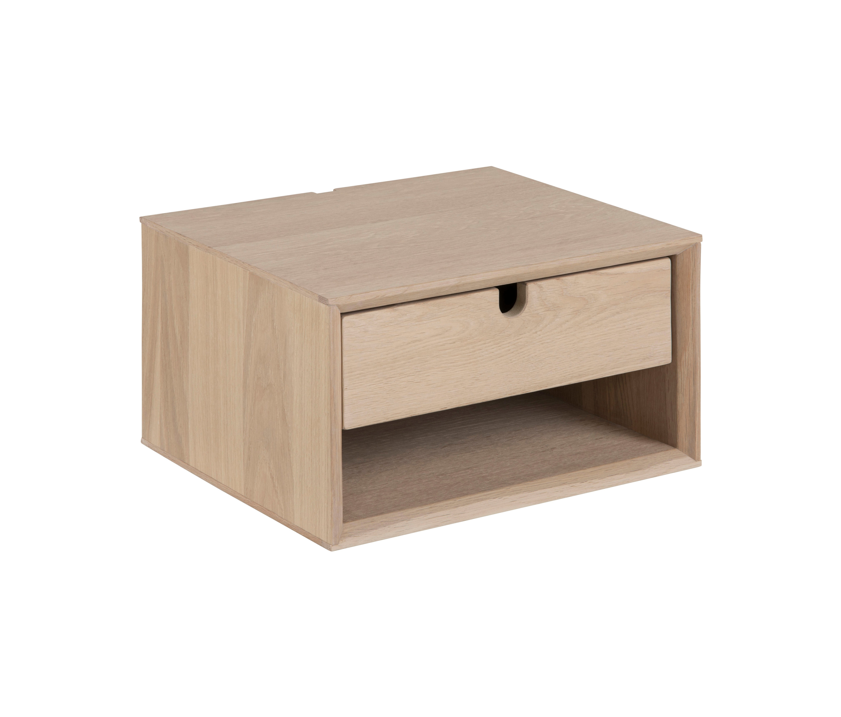 Heller Holz-Nachttisch mit einer Schublade und einem offenen Regal.