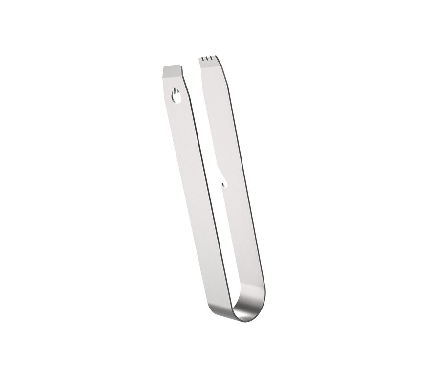 Eine silberne Knister Grillzange vor einem weißen Hintergrund.