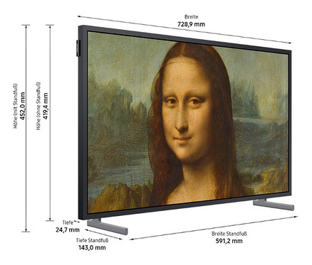 Abmessungen des 32" Samsung »The Frame (2022)« GQLS03BBUXZG QLED Fernsehers.