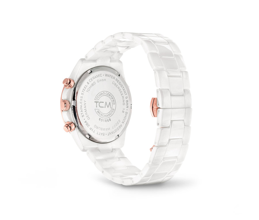 Detailansicht einer Keramik-Chronograph mit Zirkonia.