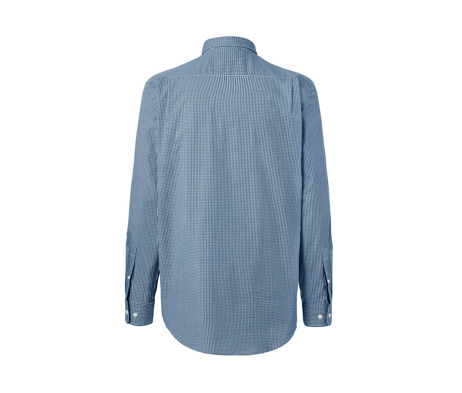 Detailansicht der Rückseite eines blau karierten Hemdes, Comfort Fit.