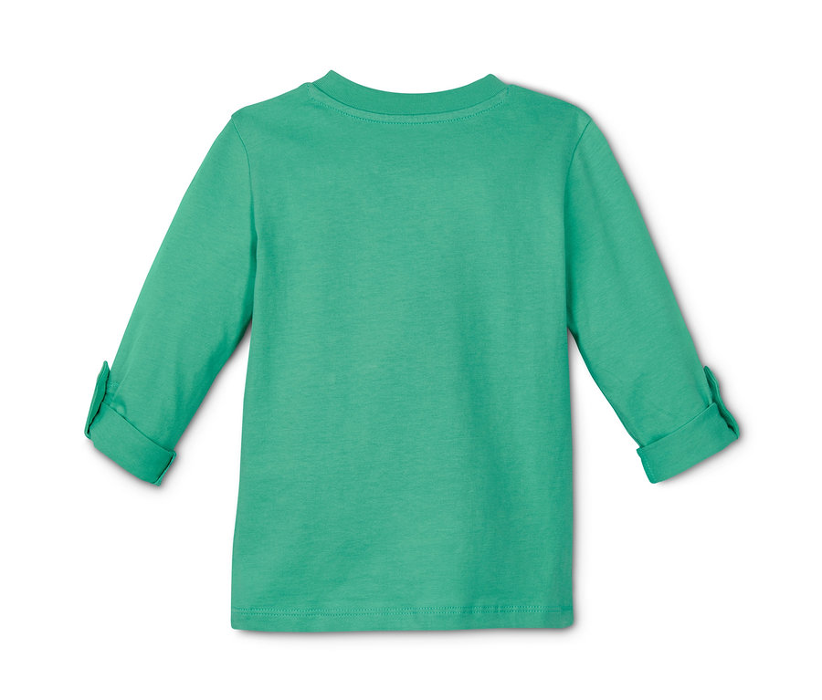 Rückseite eines grünen Baumwoll-Langarmshirts.