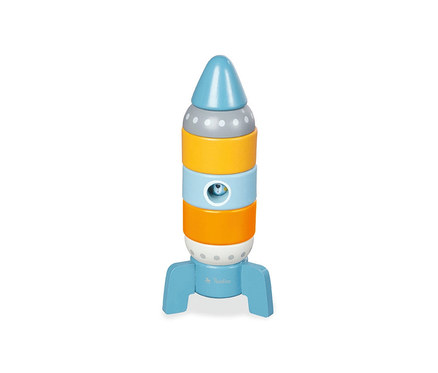 Ein farbenfroher Pinolino Stapelturm »Kleine Rakete« in Raketenform.