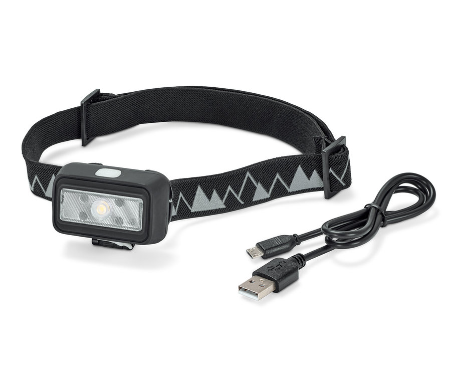 LED-Stirnlampe mit schwarzem Stirnband und Ladekabel.