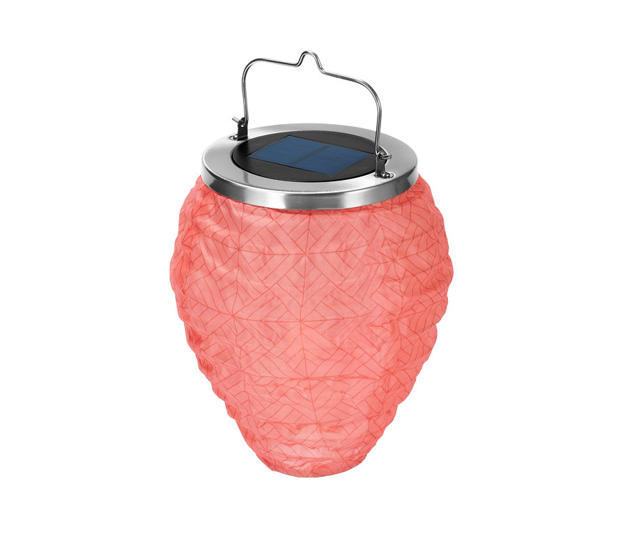 Nahaufnahme einer kleinen Solar-Laterne mit Metallgriff.