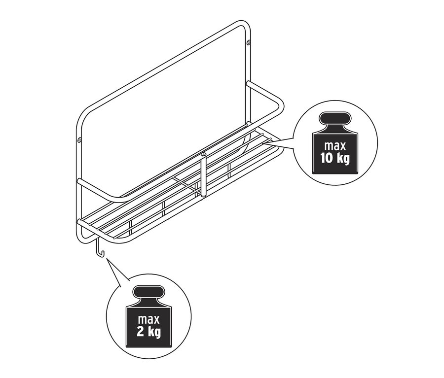 Ein Wandregal für den Flur aus Draht mit einer maximalen Traglast von 10 kg für das Regal und 2 kg für den Haken.