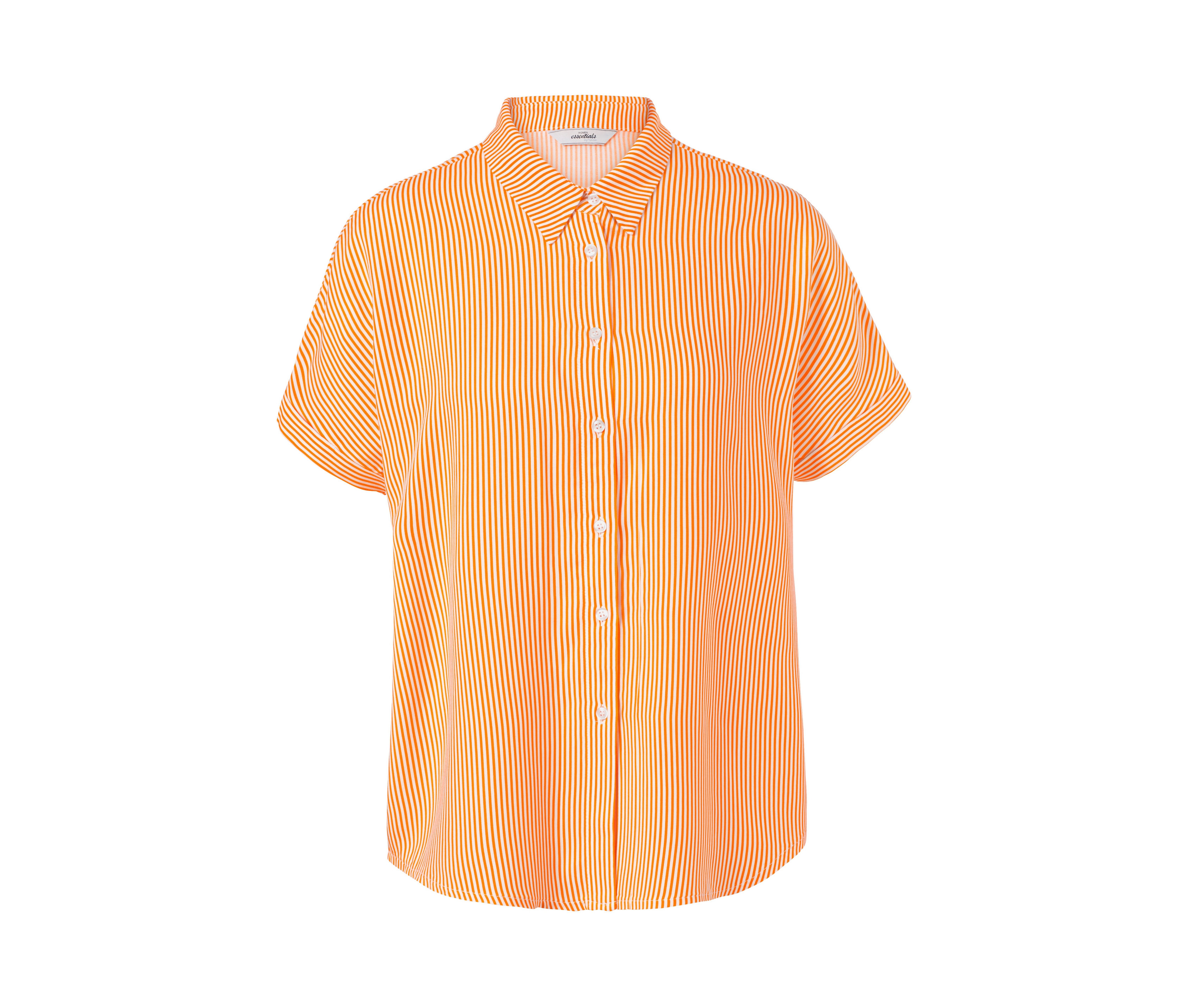 Orangefarbene Hemdbluse mit kurzen Ärmeln und vertikalen Streifen.