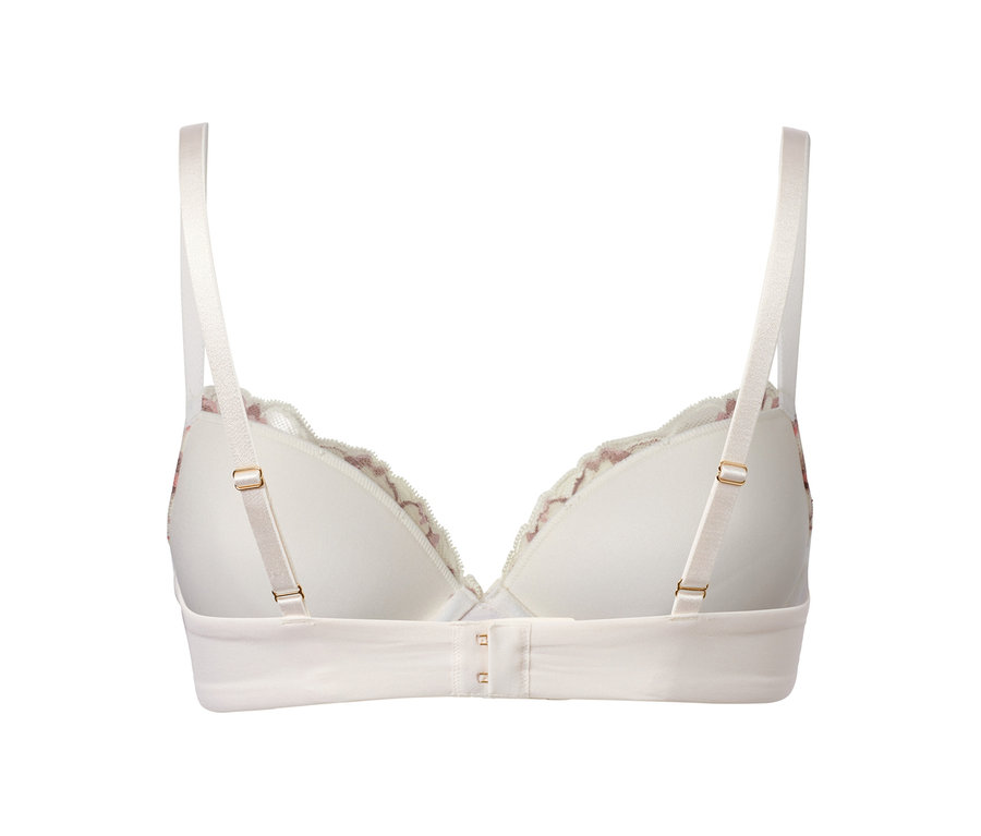 Detailansicht der Rückseite eines cremefarbenen Push-up-BHs mit Spitze.