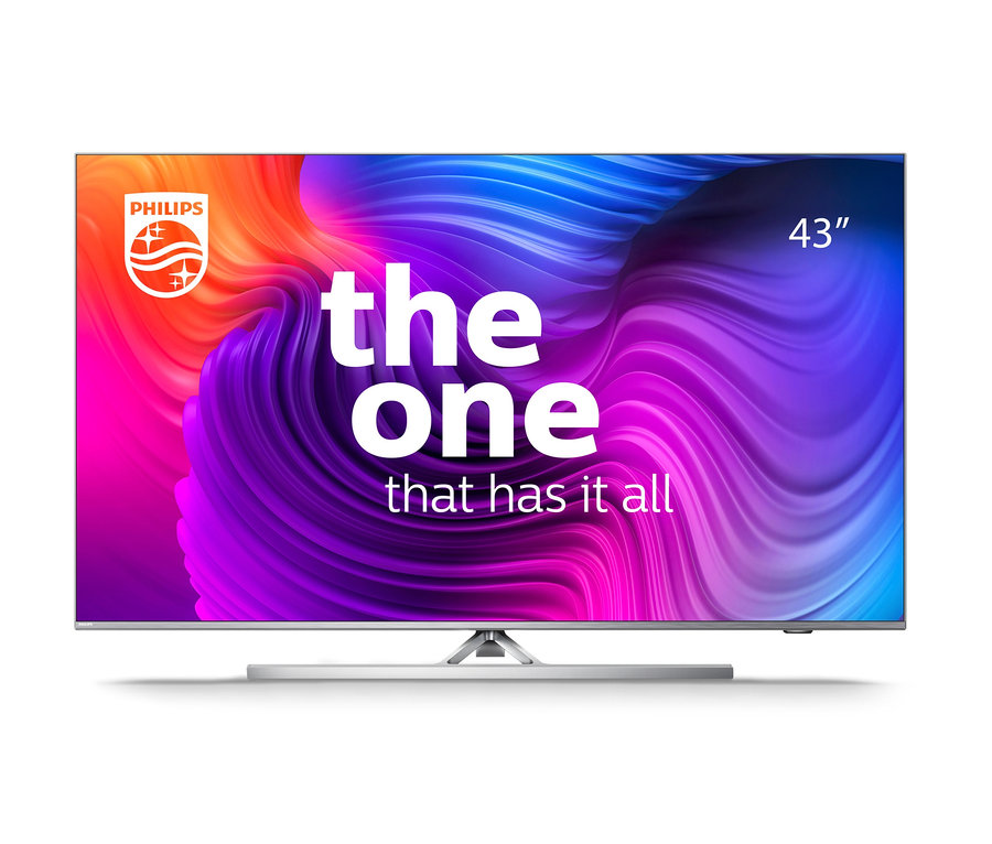 Ein 43-Zoll Philips 4K UHD Android TV mit Ambilight »PUS 8506/12« zeigt bunte Grafiken auf dem Bildschirm.