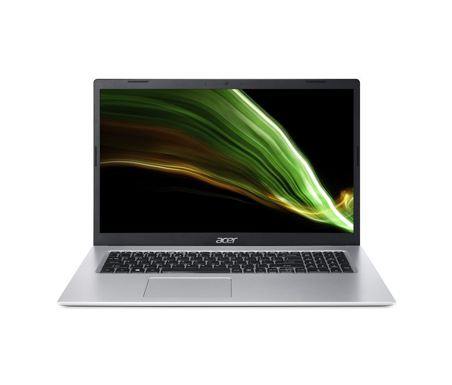 Silbernes Acer Aspire Notebook »A317-53-3209« mit schwarzer Tastatur und grün-gelbem Hintergrund.