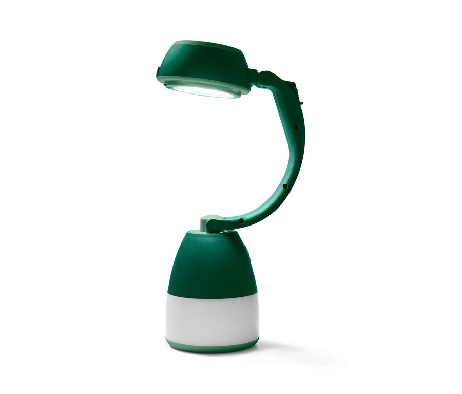 Eine grüne Multifunktions-Camping-Leuchte mit nach oben gerichtetem Licht.
