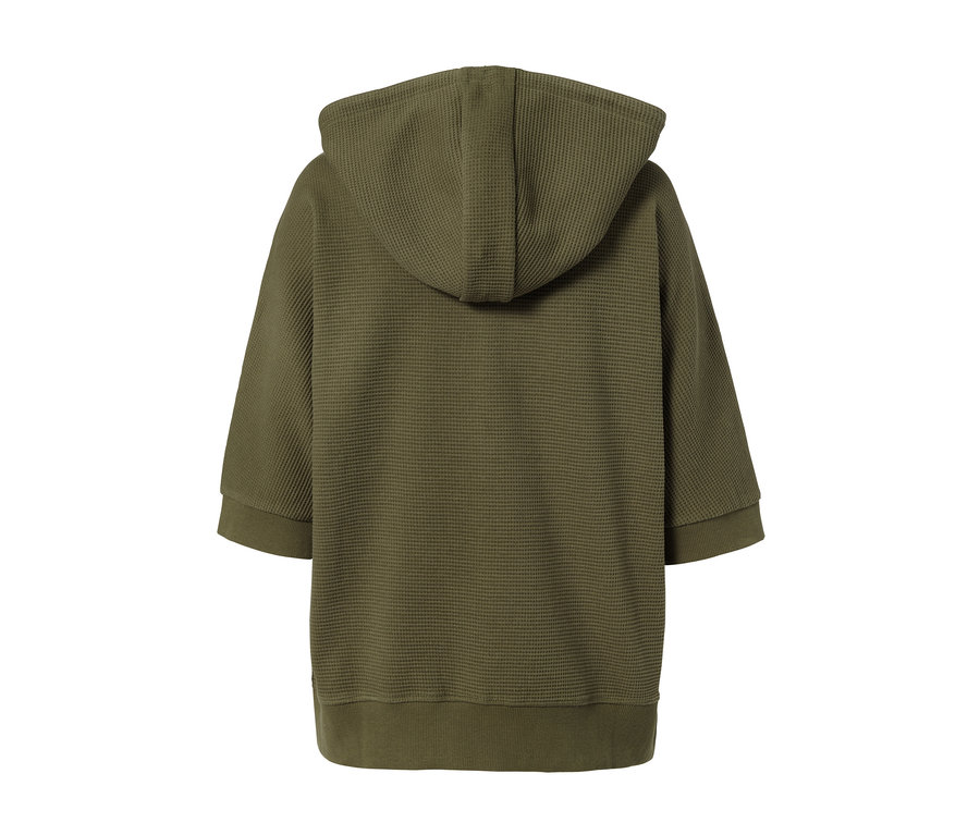 Rückansicht eines khaki Kapuzensweatshirts.