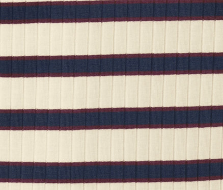 Detailansicht eines gerippten Langarmshirts mit cremefarbenen und marineblauen Streifen.