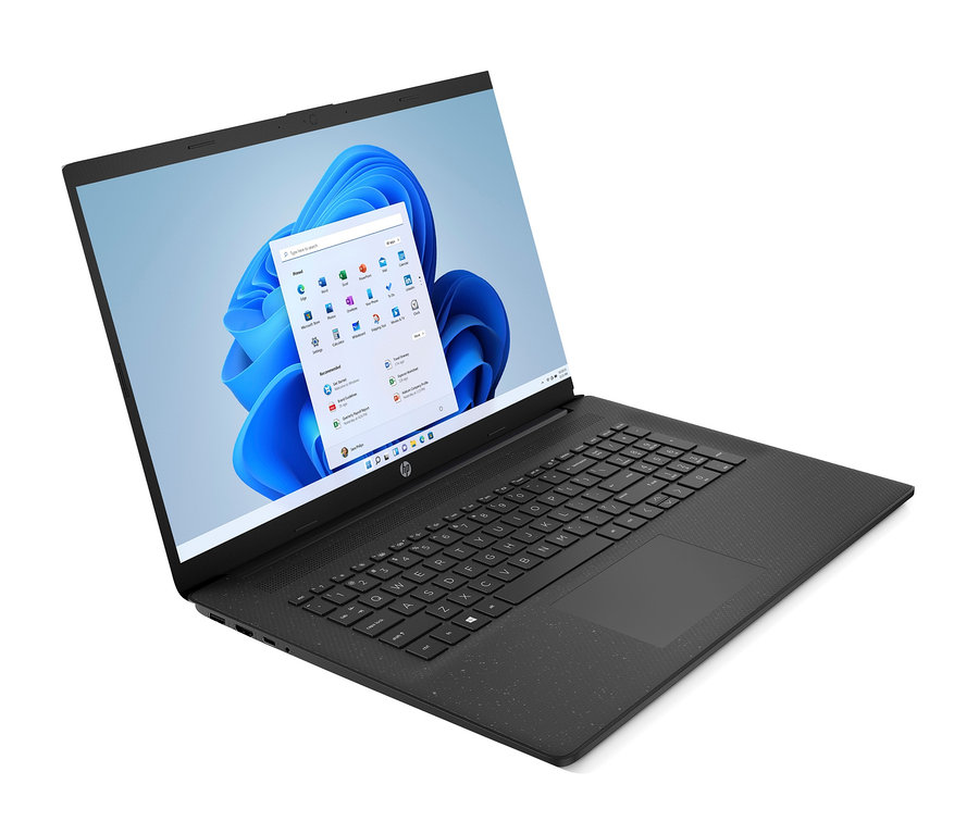 Ein schwarzes HP 17-cn0418ng Notebook wird schräg dargestellt.