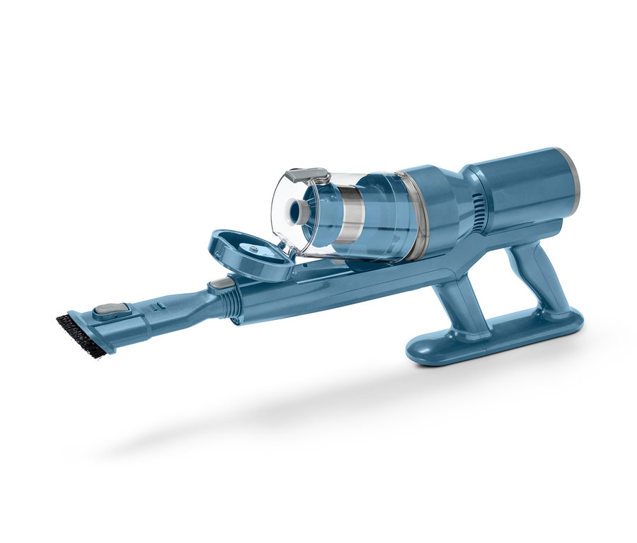 Ein blauer digitaler Akkusauger liegt auf der Seite.
